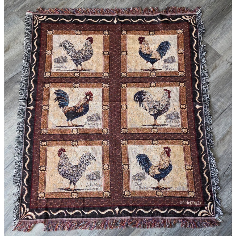 Vintage C. McKinley Rooster Tapestry Throw Blanket Woven Farmhouse Made in USA